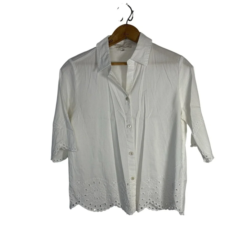 Beach lunch lounge Eyelet Button Down Short Sleeve Shirt Size XS White